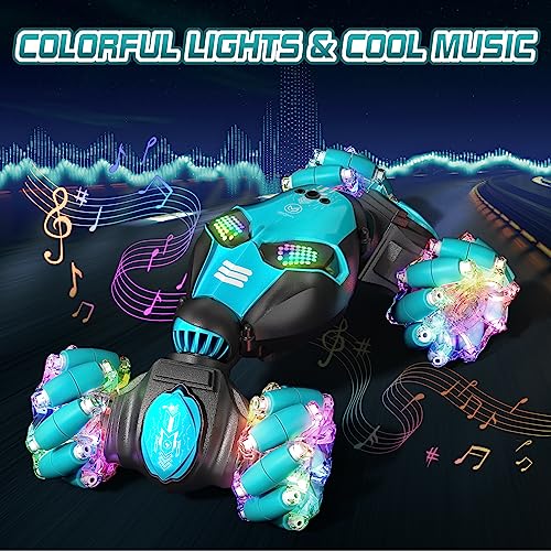 AYIQUTY Remote Control Car, Gesture Sensing RC Stunt Car with Lights & Music 6-13 Years Old 4WD 2.4GHz Hand Controlled Double Sided 360°Rotation Off-Road Toy Gifts (Blue) (CV8818-103A)