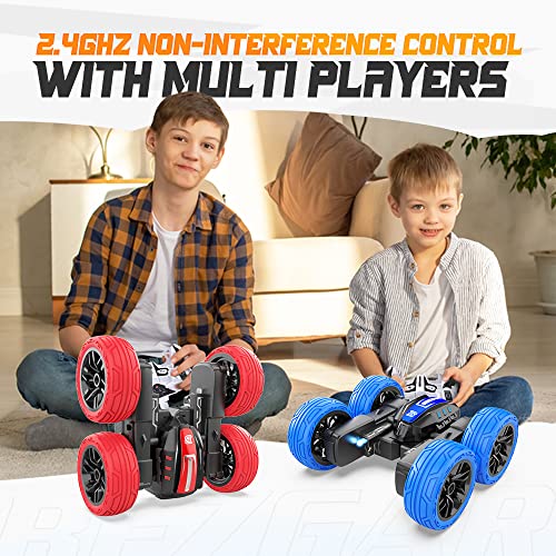 BEZGAR TD202MINI Remote Control Cars - 2.4GHz Double Sided Stunt Car, LED 360° Flip Spinning 4WD RC Car, Indoor & Outdoor Toy Gifts for Boys Kids Girls, Blue