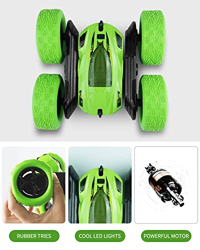 Maxesla Remote Control Cars 360° Double Side Flips, 2.4GHz RC Radio Controlled RC Car, High Speed 4WD Stunt RC Cars, LED Headlights Remote Control Car for 3 4 5 6 7 8 9 Years Old Boys Toys, Green