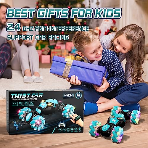 AYIQUTY Remote Control Car, Gesture Sensing RC Stunt Car with Lights & Music 6-13 Years Old 4WD 2.4GHz Hand Controlled Double Sided 360°Rotation Off-Road Toy Gifts (Blue) (CV8818-103A)
