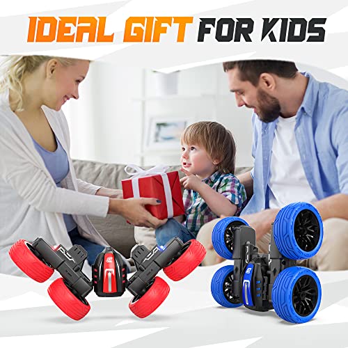 BEZGAR TD202MINI Remote Control Cars - 2.4GHz Double Sided Stunt Car, LED 360° Flip Spinning 4WD RC Car, Indoor & Outdoor Toy Gifts for Boys Kids Girls, Blue