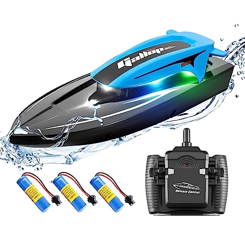RC boat with LED lights,dual motors,Remote Control Boat for Pools and Lakes,20 km/h RC Boat,2.4GHz Racing Boats with Batteries,Pool Toy for Kids&Adults,Remote Controlled Watercraft(Blue-3 batteries)
