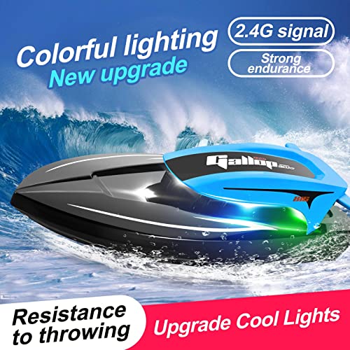 RC boat with LED lights,dual motors,Remote Control Boat for Pools and Lakes,20 km/h RC Boat,2.4GHz Racing Boats with Batteries,Pool Toy for Kids&Adults,Remote Controlled Watercraft(Blue-3 batteries)
