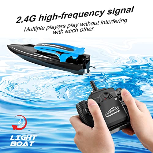 RC boat with LED lights,dual motors,Remote Control Boat for Pools and Lakes,20 km/h RC Boat,2.4GHz Racing Boats with Batteries,Pool Toy for Kids&Adults,Remote Controlled Watercraft(Blue-3 batteries)