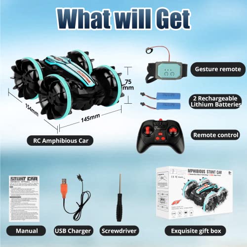 AmazeFun Amphibious Remote Control Car, Gesture Sensor 4WD Remote Controlled Off-Road Toy Car, 360 Degree Rotating Waterproof RC Stunt Car for 4,5,6,7,8,9+ Years Old Kids Boys Girls Gifts