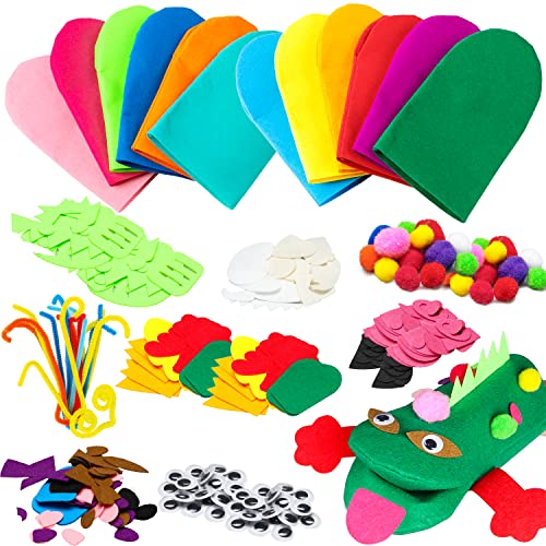 WATINC 12Pcs Animal Hand Puppets Making Kit for Kids Toddlers DIY Art Craft Party Supplies Children Role Play Toys Felt Glove Puppets Show, Pipe Cleaners Colorful Pompoms, Googl Eyes, DIY Felt Decors