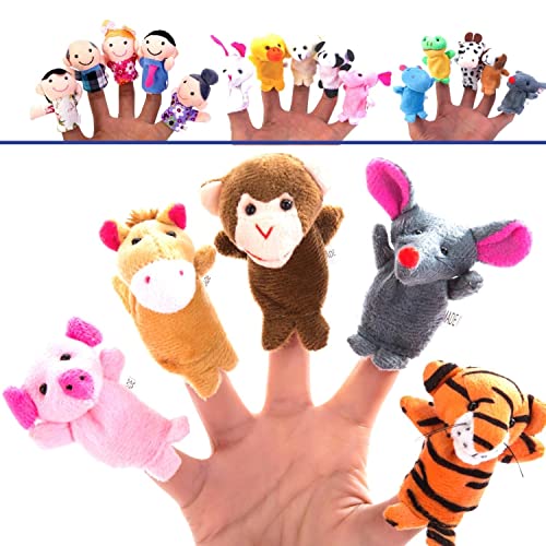 BETTERLINE 20-Piece Finger Puppets Set - Cloth Puppets with 14 Animals and 6 People Family Members - Fits Adults and Children Fingers