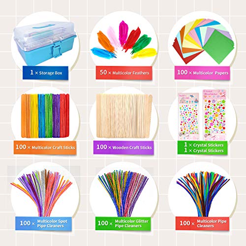 obqo 1405 Pcs Art and Craft Supplies for Kids, Toddler DIY Craft Art Supply Set Included Pipe Cleaners, Pom Poms, Feather, Folding Storage Box - All in One for Craft DIY Art Supplies, Blue