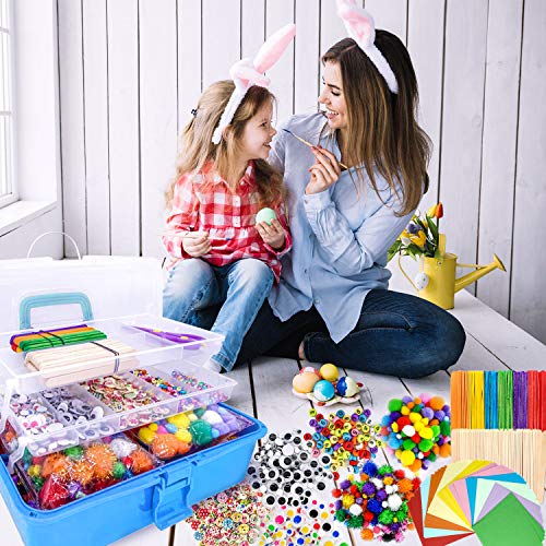 obqo 1405 Pcs Art and Craft Supplies for Kids, Toddler DIY Craft Art Supply Set Included Pipe Cleaners, Pom Poms, Feather, Folding Storage Box - All in One for Craft DIY Art Supplies, Blue