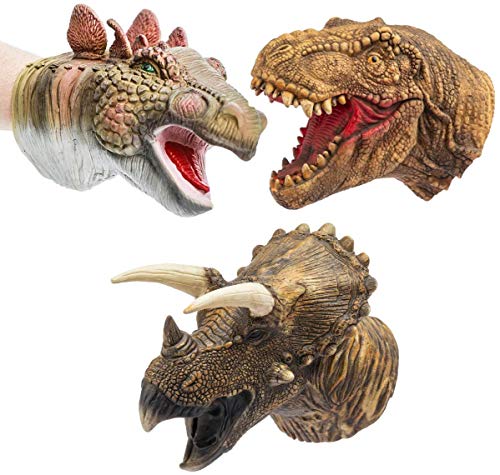 CreepyParty Dinosaur Hand Puppets Toys Latex Raptor Realistic Soft Dino Animal Head Toy Set T-rex Puppet Tyrannosaurus, Stegosaurus, Triceratops 3 Packs