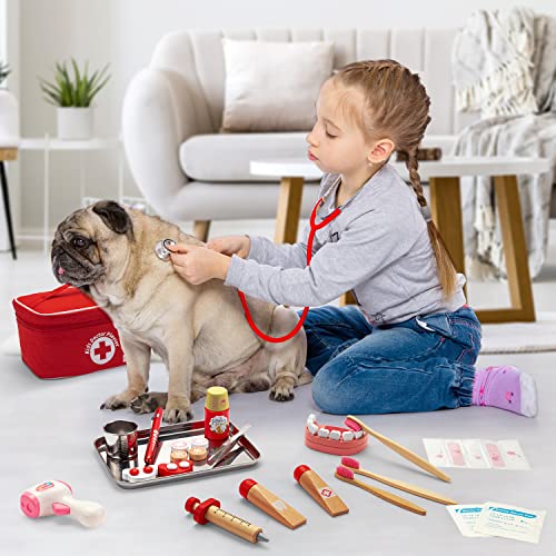 EFO SHM Role Play Toys Kids Doctors Set Wooden Dentist Medical Playset Dress Up Toys in Carry Case with Real Stethoscope, Doctor's Coat for Boys Girls