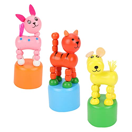 TOYANDONA 3Pcs Wooden Finger Puppet, Kids Animal Push Up Press Base Toy Thumb Puppets Dancing Rocking Animal Toys Party Favors for Toddlers Kids Gifts -Random Style
