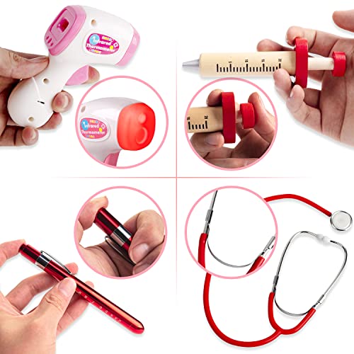 EFO SHM Role Play Toys Kids Doctors Set Wooden Dentist Medical Playset Dress Up Toys in Carry Case with Real Stethoscope, Doctor's Coat for Boys Girls