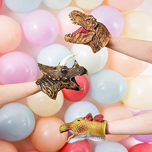 CreepyParty Dinosaur Hand Puppets Toys Latex Raptor Realistic Soft Dino Animal Head Toy Set T-rex Puppet Tyrannosaurus, Stegosaurus, Triceratops 3 Packs