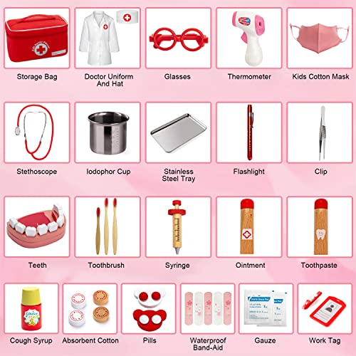 EFO SHM Role Play Toys Kids Doctors Set Wooden Dentist Medical Playset Dress Up Toys in Carry Case with Real Stethoscope, Doctor's Coat for Boys Girls