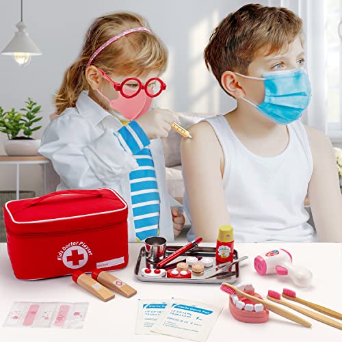 EFO SHM Role Play Toys Kids Doctors Set Wooden Dentist Medical Playset Dress Up Toys in Carry Case with Real Stethoscope, Doctor's Coat for Boys Girls