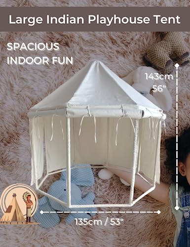 Wonder Space Large Minimal Indian Kids Play Tent - Sturdy Durable Playhouse Thick PVC Natural Canvas Indoor Outdoor Teepee Play House - Neutral Beige Color for Children Boys & Girls