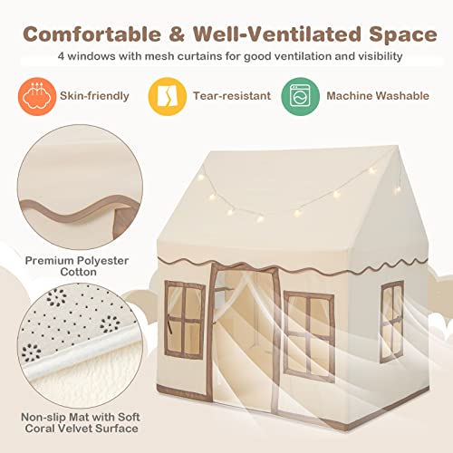 COSTWAY Kids Play Tent, Indoor Large Playhouse with Star Lights, Non-slip Mat and Windows, Castle Fairy Tents for Children Boys & Girls Gift (Beige+Coffee)
