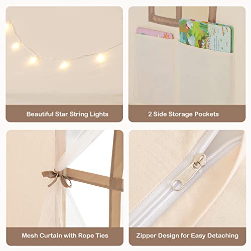 COSTWAY Kids Play Tent, Indoor Large Playhouse with Star Lights, Non-slip Mat and Windows, Castle Fairy Tents for Children Boys & Girls Gift (Beige+Coffee)