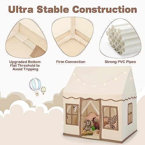 COSTWAY Kids Play Tent, Indoor Large Playhouse with Star Lights, Non-slip Mat and Windows, Castle Fairy Tents for Children Boys & Girls Gift (Beige+Coffee)