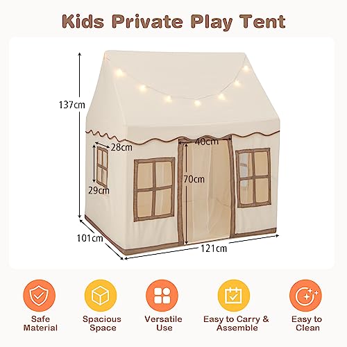 COSTWAY Kids Play Tent, Indoor Large Playhouse with Star Lights, Non-slip Mat and Windows, Castle Fairy Tents for Children Boys & Girls Gift (Beige+Coffee)