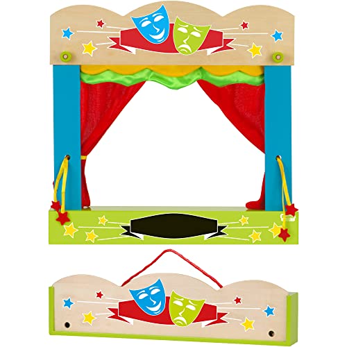 Fiesta Crafts Finger Puppets Theatre - Colourful Wooden Carry Case for Hand Puppets with Fabric Curtains & Drawstrings to Pull - Easy to Fold Portable Kids Pop Up Theatre for Imaginative Play