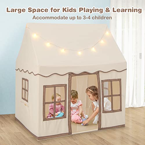 COSTWAY Kids Play Tent, Indoor Large Playhouse with Star Lights, Non-slip Mat and Windows, Castle Fairy Tents for Children Boys & Girls Gift (Beige+Coffee)