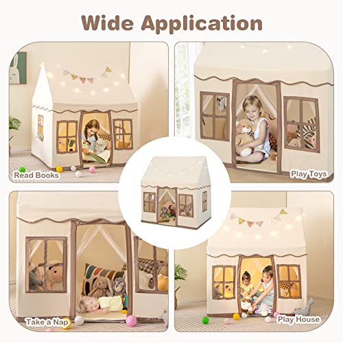 COSTWAY Kids Play Tent, Indoor Large Playhouse with Star Lights, Non-slip Mat and Windows, Castle Fairy Tents for Children Boys & Girls Gift (Beige+Coffee)