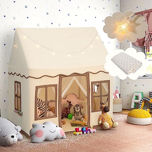 COSTWAY Kids Play Tent, Indoor Large Playhouse with Star Lights, Non-slip Mat and Windows, Castle Fairy Tents for Children Boys & Girls Gift (Beige+Coffee)