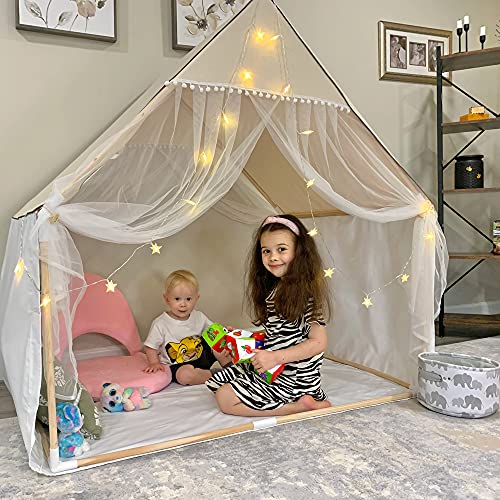 Wonder Space Children Play House Tent - Khaki Beige Natural Fabric Canvas Large Lace Pom Playhouse for Kids, Portable for Indoor and Outdoor Fun Plays, Best Gift for Boys and Girls