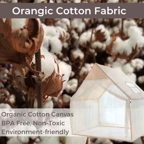 Wonder Space Children Play House Tent - Khaki Beige Natural Fabric Canvas Large Lace Pom Playhouse for Kids, Portable for Indoor and Outdoor Fun Plays, Best Gift for Boys and Girls