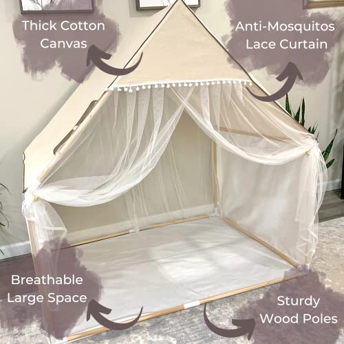 Wonder Space Children Play House Tent - Khaki Beige Natural Fabric Canvas Large Lace Pom Playhouse for Kids, Portable for Indoor and Outdoor Fun Plays, Best Gift for Boys and Girls