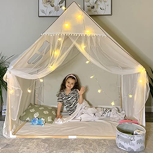 Wonder Space Children Play House Tent - Khaki Beige Natural Fabric Canvas Large Lace Pom Playhouse for Kids, Portable for Indoor and Outdoor Fun Plays, Best Gift for Boys and Girls