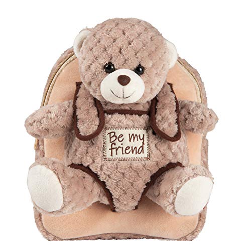 PERLETTI Plush Teddy Bear Backpack for Kids with Fluffy Stuffed Puppet - Toddler Children 3 4 5 Years Soft Daypack for Kindergarten School - Baby Boy Girl Animal Handbag - 21x27x9 cm (Brown Bear)