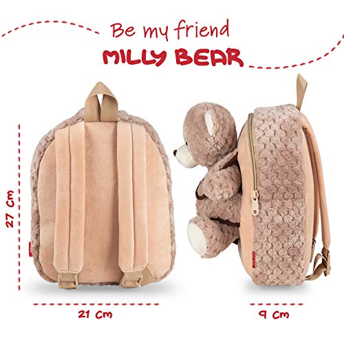 PERLETTI Plush Teddy Bear Backpack for Kids with Fluffy Stuffed Puppet - Toddler Children 3 4 5 Years Soft Daypack for Kindergarten School - Baby Boy Girl Animal Handbag - 21x27x9 cm (Brown Bear)
