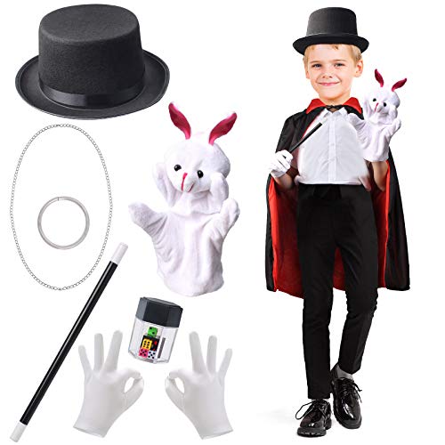 Beelittle Kids Magician Costume Set Magician Cloak Cape,Top Hat,Wand,Gloves,Rabbit Puppet with Magic Tricks Kit Magician Pretend Play Dress Up Accessories Set (Black&Red Set)