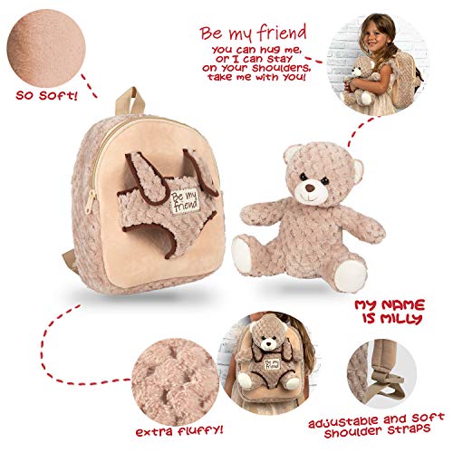 PERLETTI Plush Teddy Bear Backpack for Kids with Fluffy Stuffed Puppet - Toddler Children 3 4 5 Years Soft Daypack for Kindergarten School - Baby Boy Girl Animal Handbag - 21x27x9 cm (Brown Bear)