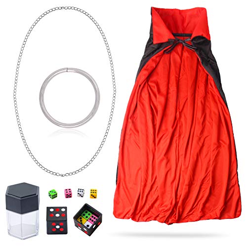 Beelittle Kids Magician Costume Set Magician Cloak Cape,Top Hat,Wand,Gloves,Rabbit Puppet with Magic Tricks Kit Magician Pretend Play Dress Up Accessories Set (Black&Red Set)