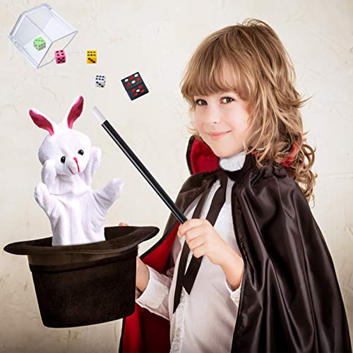 Beelittle Kids Magician Costume Set Magician Cloak Cape,Top Hat,Wand,Gloves,Rabbit Puppet with Magic Tricks Kit Magician Pretend Play Dress Up Accessories Set (Black&Red Set)