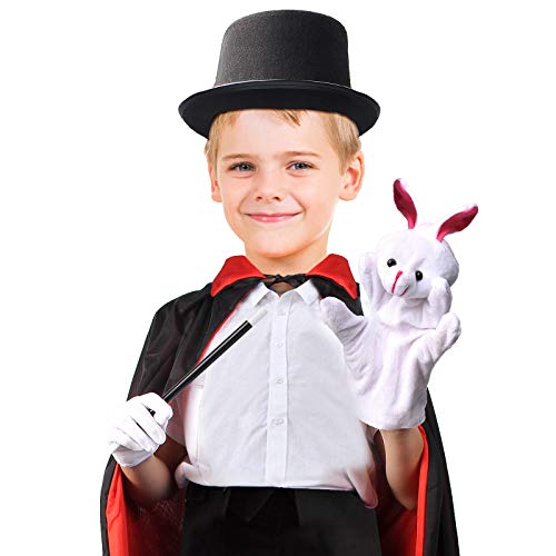 Beelittle Kids Magician Costume Set Magician Cloak Cape,Top Hat,Wand,Gloves,Rabbit Puppet with Magic Tricks Kit Magician Pretend Play Dress Up Accessories Set (Black&Red Set)