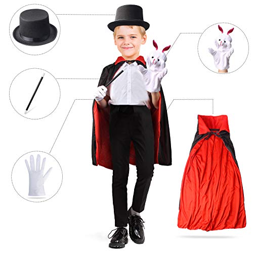 Beelittle Kids Magician Costume Set Magician Cloak Cape,Top Hat,Wand,Gloves,Rabbit Puppet with Magic Tricks Kit Magician Pretend Play Dress Up Accessories Set (Black&Red Set)