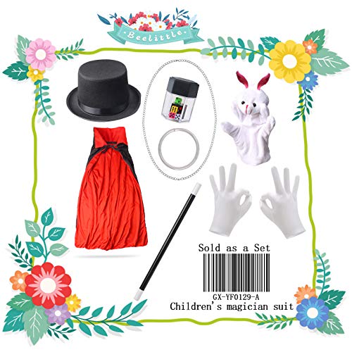 Beelittle Kids Magician Costume Set Magician Cloak Cape,Top Hat,Wand,Gloves,Rabbit Puppet with Magic Tricks Kit Magician Pretend Play Dress Up Accessories Set (Black&Red Set)