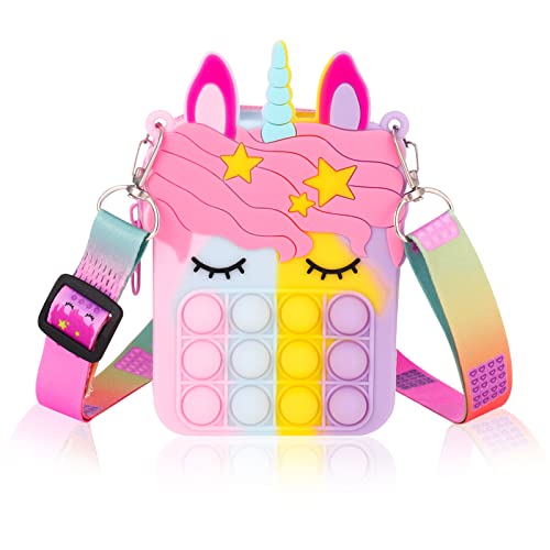Yorgewd Unicorn Pop Bag Girls Shoulder Bag, Silicone Pop Fidget Sensory Toy Poppet Purse Push Bubble Messenger Bag Anxiety Relief for Children, Girls and Women(Colorful)