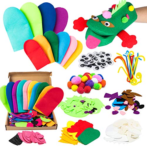 WATINC 10Pcs Animal Hand Puppet Making Kit for Kids Toddlers DIY Art Craft Felt Sock Puppet Kit Children Role Play Party Supplies Gift Include Colorful Hand Puppets, Felt Decors, Pipe Cleaners