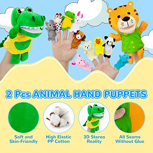 beetoy Puppets with 2 Hand Puppets & 10 Finger Puppets for Toddlers - Soft Plush Animal Puppet Toys for Kids, Mini Figures Toy Assortment, Party Favors for Shows, Bath Toys, Story Time, Playtime