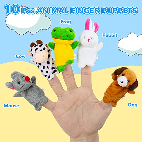 beetoy Puppets with 2 Hand Puppets & 10 Finger Puppets for Toddlers - Soft Plush Animal Puppet Toys for Kids, Mini Figures Toy Assortment, Party Favors for Shows, Bath Toys, Story Time, Playtime