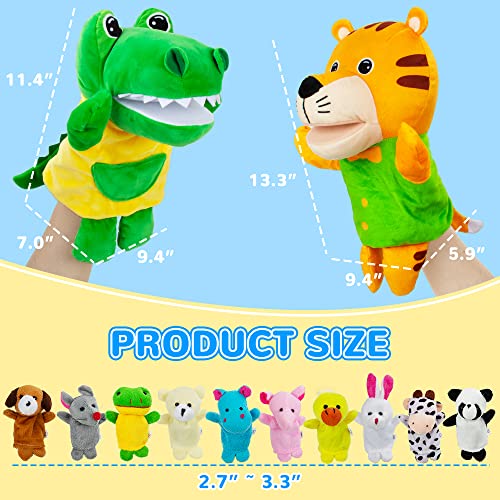 beetoy Puppets with 2 Hand Puppets & 10 Finger Puppets for Toddlers - Soft Plush Animal Puppet Toys for Kids, Mini Figures Toy Assortment, Party Favors for Shows, Bath Toys, Story Time, Playtime