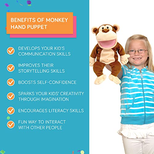 Fiesta Crafts Monkey Hand Puppet for Kids - Soft & Interactive Monkey Toy with Moving Mouth & Arms for Role Play, Creativity & Sensory Skills Toys for 3 Year Old Boys & Girls & Above
