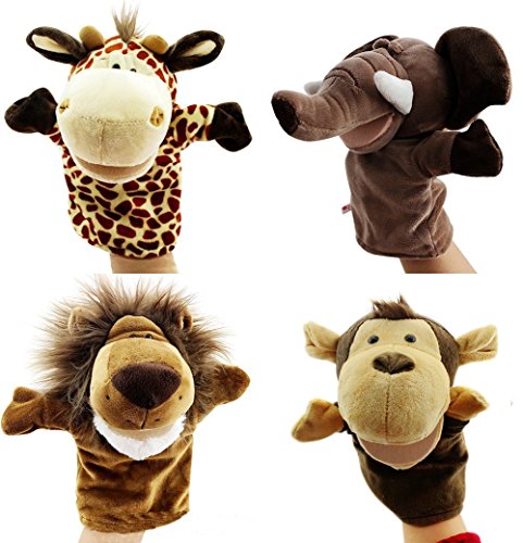 Caleson Zoo Friends Hand Puppets (Set of 4) - Elephant, Giraffe, Lion, and Monkey(Big Movable Mouths)