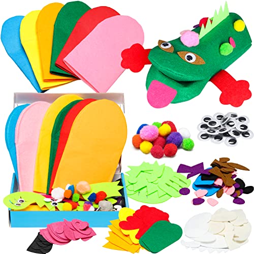 WATINC 6Pcs Animal Hand Puppet Making Kit for Kids Toddlers DIY Art Craft Felt Party Supplies Children Role Play Toys Puppets Show Include Colorful Hand Puppets, Pom poms, Googl Eyes, DIY Felt Decors